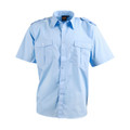 Sky blue short sleeve shirt with twin chest pockets, button front and shoulder epaulettes