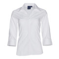 A plain white ladies' 3/4 sleeve shirt featuring wrinkle resistance, stain-release Teflon fabric, and a breathable 120gsm polyester-cotton blend. Ideal for corporate or hospitality uniform.