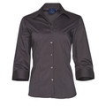 A plain charcoal grey ladies' 3/4 sleeve shirt featuring wrinkle resistance, stain-release Teflon fabric, and a breathable 120gsm polyester-cotton blend. Ideal for corporate or hospitality uniform.