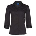 A plain black ladies' 3/4 sleeve shirt featuring wrinkle resistance, stain-release Teflon fabric, and a breathable 120gsm polyester-cotton blend. Ideal for corporate or hospitality uniform.