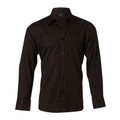 Black long sleeve business shirt with fine vertical grey pinstripe pattern and full button front