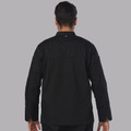 Black chef jacket with long sleeves and mandarin collar shown from back, featuring shoulder panel detail