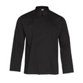Black chef jacket with mandarin collar, long sleeves, and concealed front snap closure