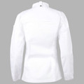 White ladies long sleeve chef jacket rear view, structured back panels and single snap collar detail