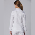 White chef jacket with stand collar and long sleeves, shown from back with horizontal yoke seam detail