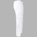 White men's cargo-style chef pants with side utility pocket, straight leg, elasticated waist, side profile packshot