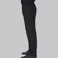 Black stretch chef pants with elastic waist and cargo pocket shown from side view