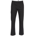 Black stretch chef pants with elastic waistband and cargo pocket on left leg