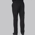 Black stretch chef pants with elastic waistband and tapered leg design