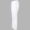 White chef pants with elasticated waistband and drawstring, side view showing tapered leg design