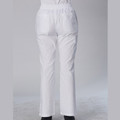 Rear view of white ladies chef pants with elastic waist, cargo side pocket and straight-leg cut on model