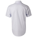 White short sleeve business shirt with subtle check pattern, rear view showing smooth back panel with collar and yoke seam