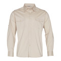 Stone beige military shirt with long sleeves, dual chest pockets with flaps, and shoulder epaulettes