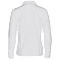 Back view of white ladies long sleeve shirt with fitted silhouette, button cuffs and spread collar