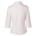White three-quarter sleeve shirt with crisp collar and button-through back, rear view showing smooth fabric finish