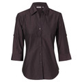 Charcoal grey women's business shirt with three-quarter sleeves and button-through front