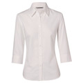 White ladies 3/4 sleeve button-front shirt with pointed collar and subtle herringbone texture