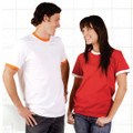 White tee with orange contrast neckline and sleeve trim, red tee with white contrast trim