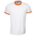 White cotton t-shirt with orange contrast trim on crew neck and sleeve cuffs