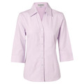 Soft lilac ladies button-front shirt with three-quarter sleeves, V-neckline, spread collar, and chest pocket