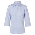 Light blue ladies 3/4 sleeve button-front shirt with point collar and Oxford weave texture