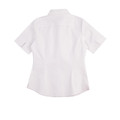 White ladies short sleeve shirt back view, curved hem, collar and structured shoulder seam