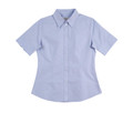 Women's pale blue short sleeve button-up shirt with point collar, tailored fit and cuffed sleeves, flat lay