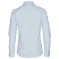 Back view of pale blue women's long sleeve business shirt with self-stripe texture and tailored fit