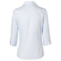 Back view of a pale blue self-stripe women's shirt with 3/4 sleeves and shirt tail hem