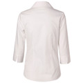 White ladies shirt with collar and three-quarter sleeves shown from back with subtle self-stripe texture