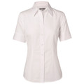 White self-striped women's short sleeve shirt with classic collar and button-front placket