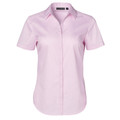 Light pink women's short sleeve business shirt with subtle self-stripe texture and collar