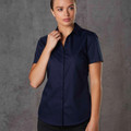 Navy short sleeve business shirt with self-stripe dobby texture and concealed button placket