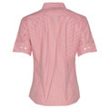 Red and grey vertical striped short sleeve shirt with collar and back yoke detail