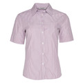 Ladies short sleeve shirt in red and white vertical stripes with chest pocket and button-down collar