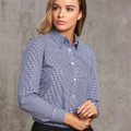 Navy and white gingham check long sleeve shirt with button-down collar and chest pocket