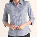 Navy and white gingham check women's shirt with three-quarter sleeves and collar, featuring chest pocket and button-front closure