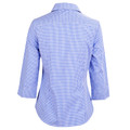 Back view of ladies blue multi-check 3/4 sleeve shirt with point collar and tailored fit