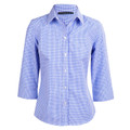 Ladies checkered shirt with blue and white gingham pattern and three-quarter sleeves with buttoned cuffs