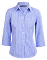 Ladies 3/4 sleeve shirt in royal blue and white micro check pattern with classic collar and button front