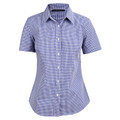 Women's short sleeve shirt in blue and white gingham check pattern with collar and button front placket