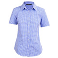 Women's short sleeve shirt in blue and pink checkered gingham pattern with classic collar and button-front placket