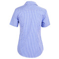 Back view of women's short sleeve shirt in blue and orange checkered pattern with collar and curved hem