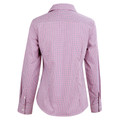 Back view of pink and grey micro check long sleeve shirt with collar and buttoned cuffs