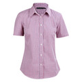 Ladies short sleeve shirt in red and navy mini gingham check with point collar and button front placket