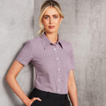 Purple and white mini gingham check short sleeve shirt with collar and front button placket