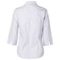 White ladies three-quarter sleeve shirt with subtle check pattern, back view with collar and curved hemline