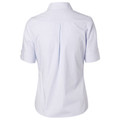 Back view of white short sleeve collared shirt with mini check pattern and centre back pleat detail
