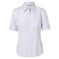 Women's pale blue mini check short sleeve shirt with pointed collar, button front, and roll-tab cuffs
