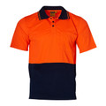 Orange and navy two-tone hi-vis polo shirt with contrast collar, three-button placket and chest pocket
